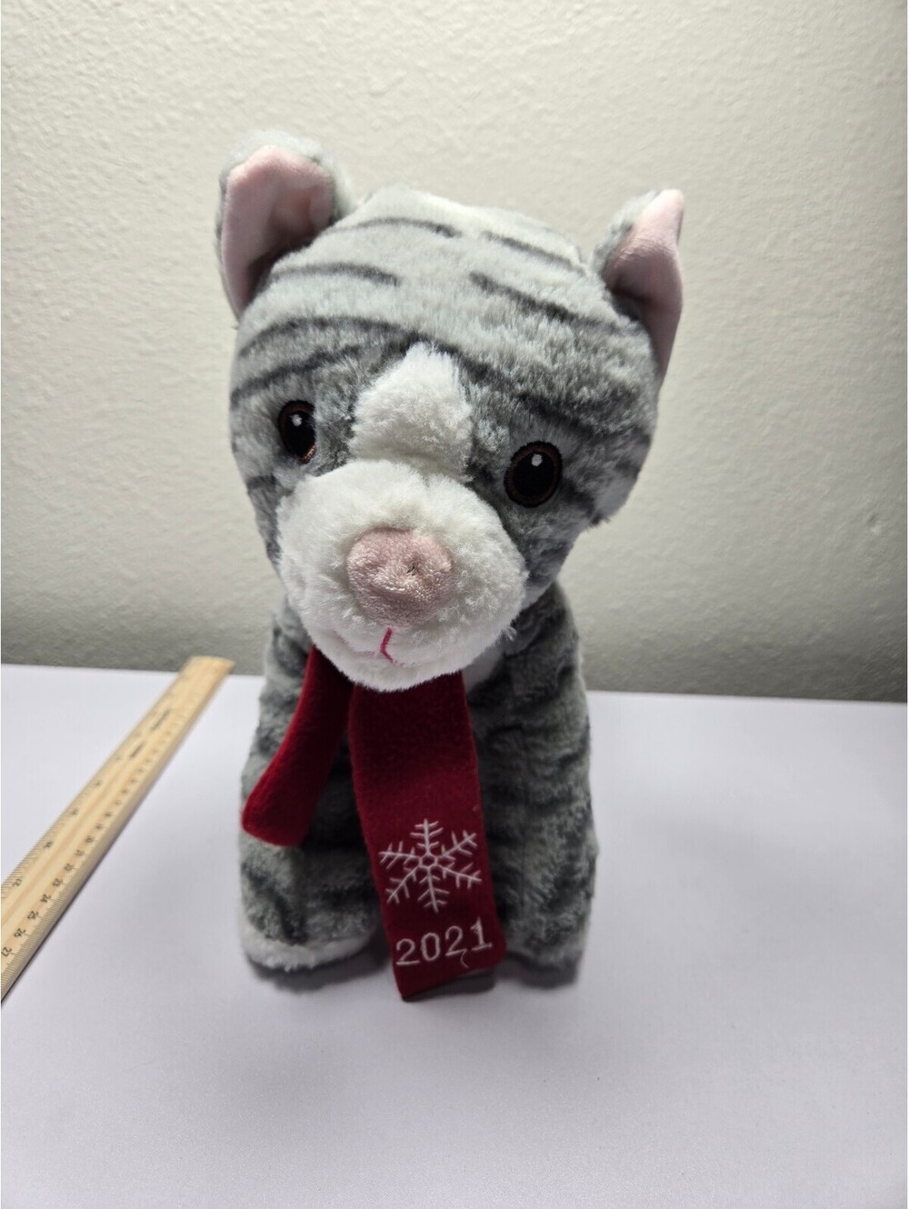 Gray tabby cat plush with red 2021 scarf